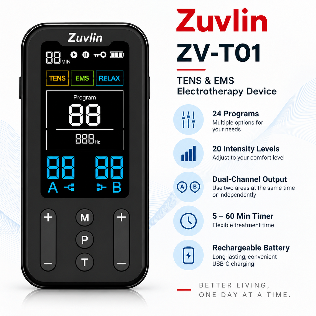 Zuvlin ZV-T01 TENS and EMS device with 24 programs, adjustable intensity, dual-channel output, timer, and USB-C rechargeable battery