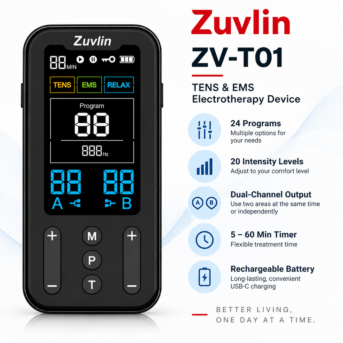 Zuvlin ZV-T01 TENS and EMS device with 24 programs, adjustable intensity, dual-channel output, timer, and USB-C rechargeable battery