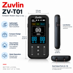 Zuvlin ZV-T01 compact dual-channel TENS and EMS device showing dimensions, lock button, and output ports