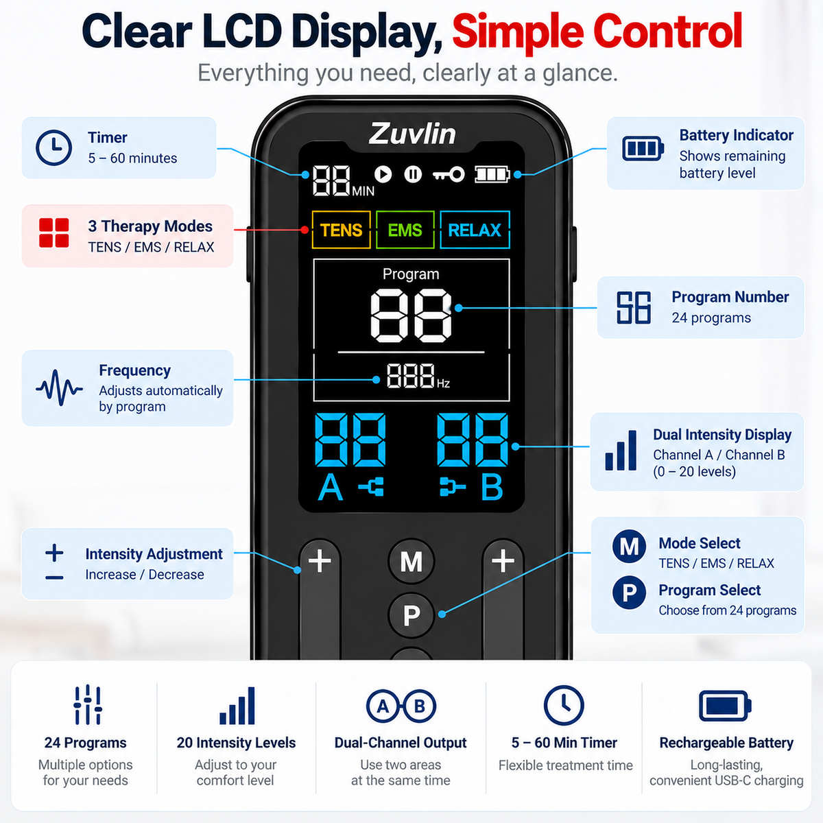 Zuvlin ZV-T01 LCD display and controls for TENS, EMS, and relax modes