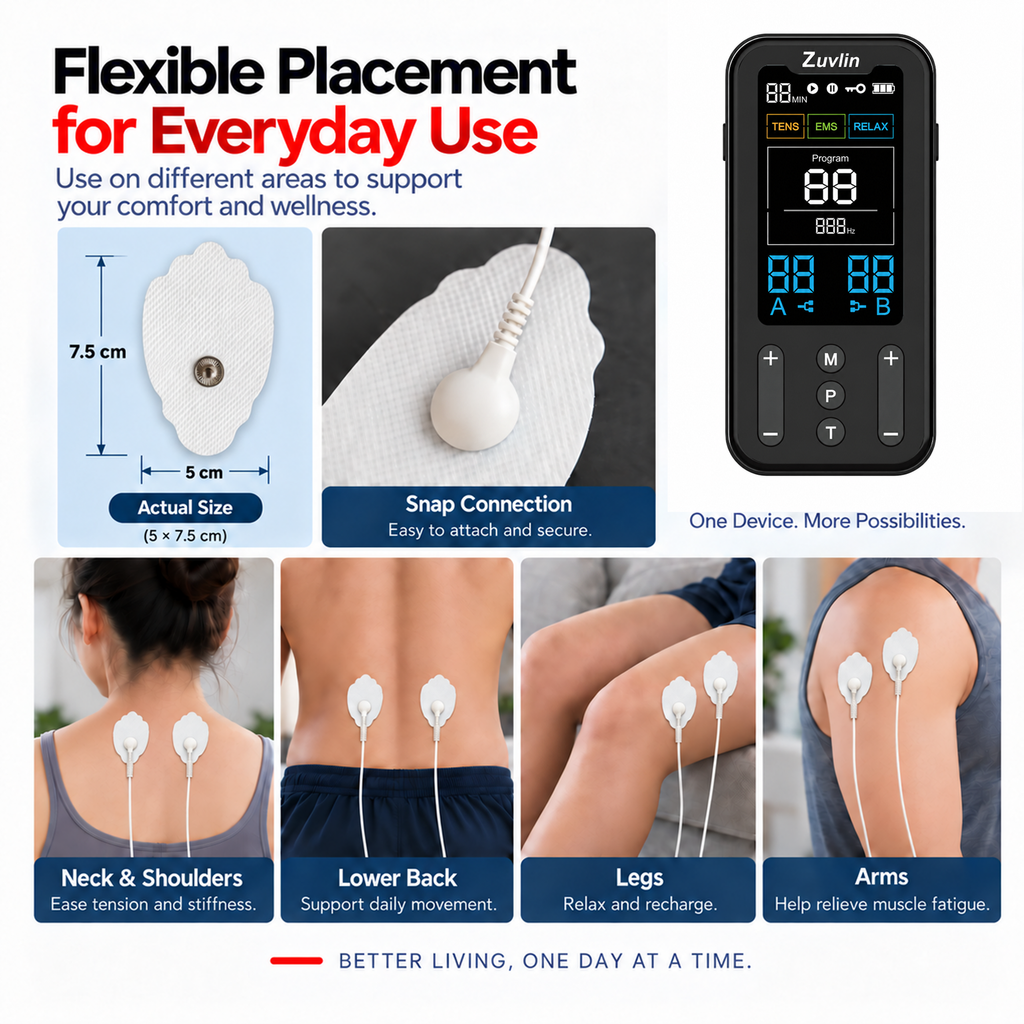 Zuvlin ZV-T01 reusable snap-on electrode pads and device for flexible placement on neck, back, legs, and arms
