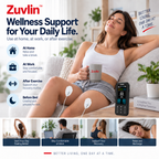 Zuvlin ZV-T01 TENS and EMS device shown in an at-home everyday wellness routine